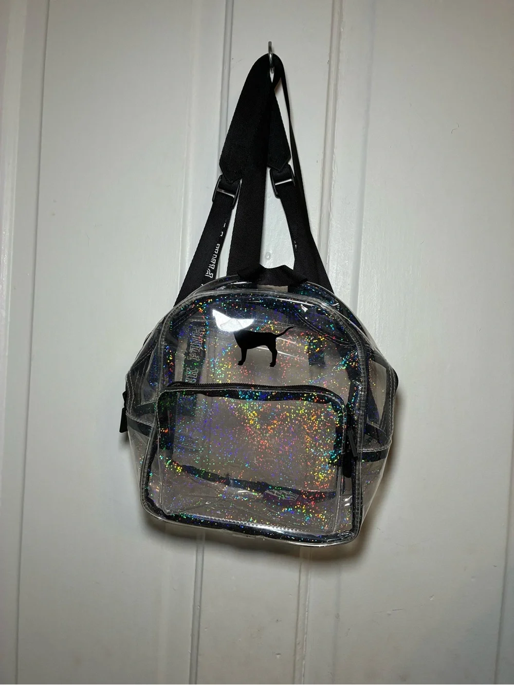 PINK Victoria's Secret Clear Holographic Glitter Mini Backpack - Black Logo